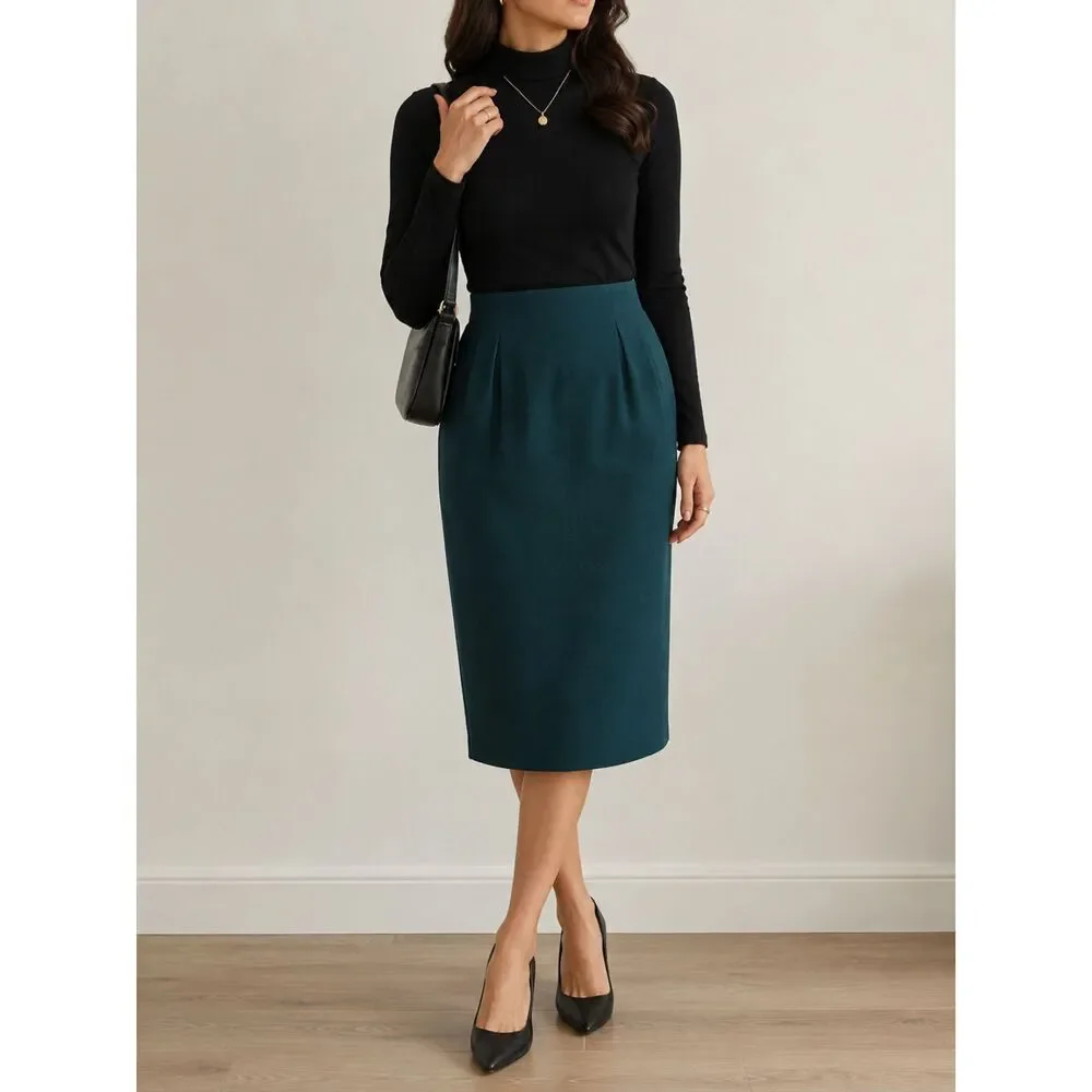 Vintage 100% Worsted Wool Pencil Skirt Teal Green High Waist Midi Size 14